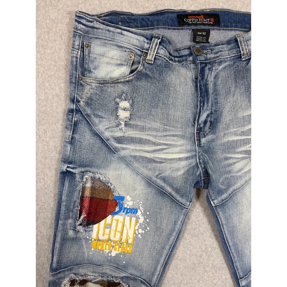 Copper Rivet Distressed Moto Mens Jeans Plaid Rip & Repair Light Blue 38x32 Slim - Picture 6 of 16
